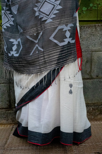 Jamdani Saree Black, White and Red Tribal